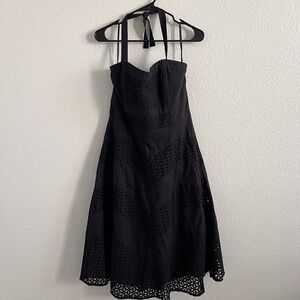 WHBM Sz 12 Dress Midi A-line Halter Black Stretch Eyelet Smocked Empire Waist
